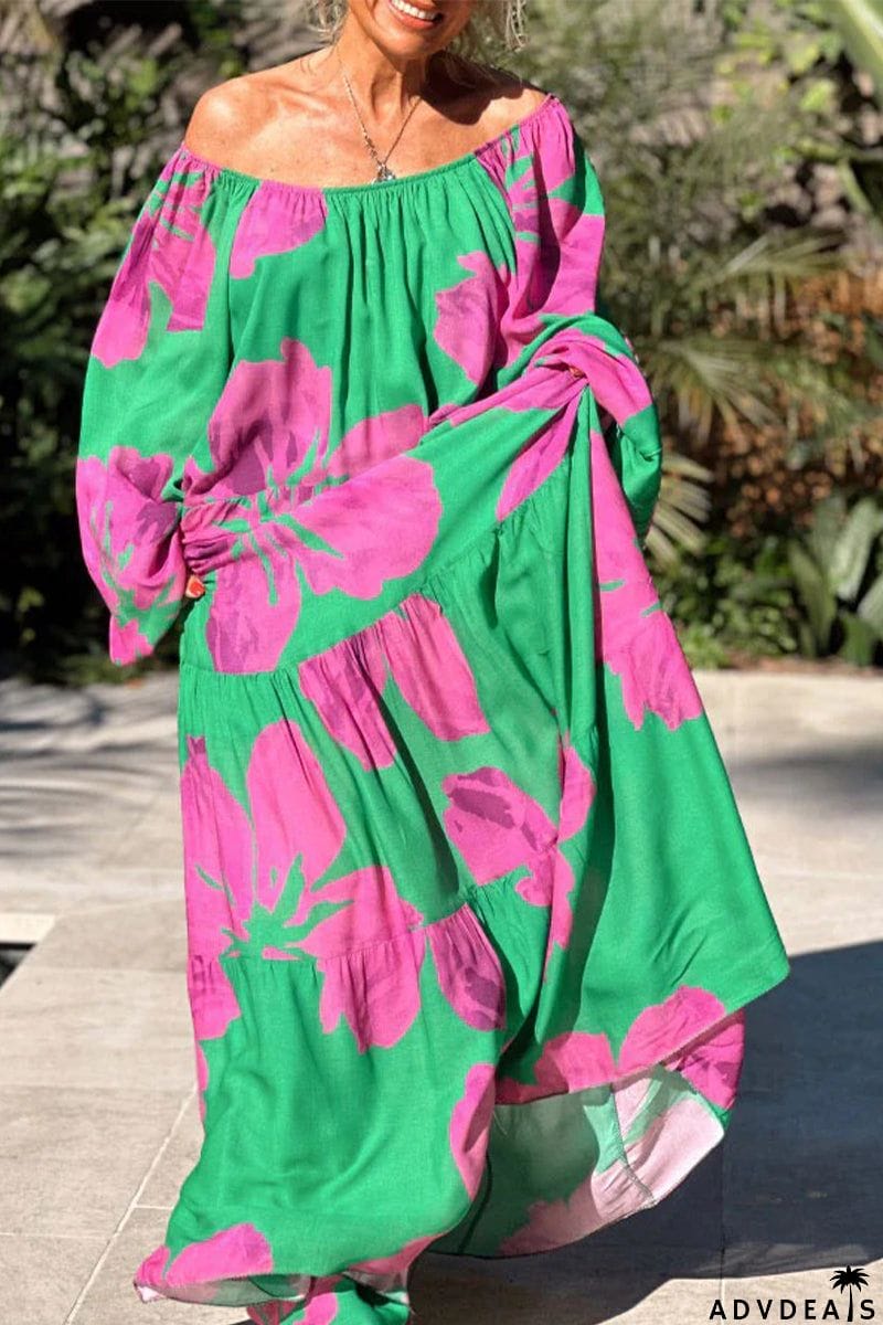 Casual Vacation Floral Patchwork Off the Shoulder Printed Dress Dresses(4 Colors)