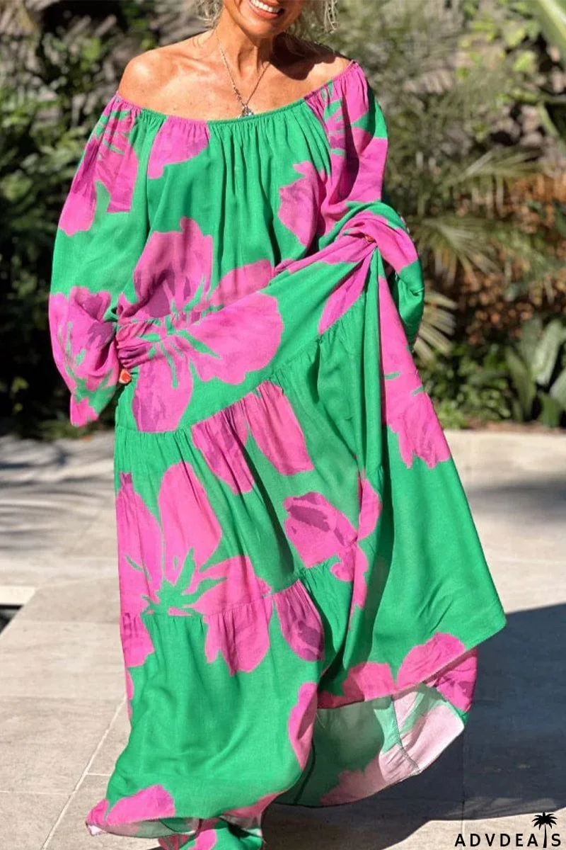 Casual Vacation Floral Patchwork Off the Shoulder Printed Dress Dresses(4 Colors)