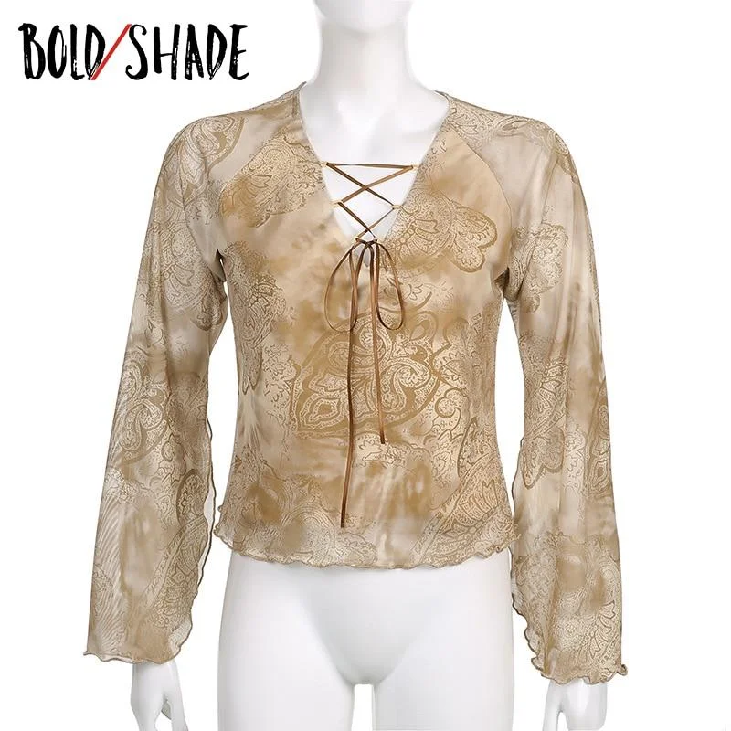 Bold Shade Fairy Core Women Tops Lace Up V-neck Sexy Flare Sleeve Indie Fashion Vintage T-Shirts Autumn Floral Printing Tshirt