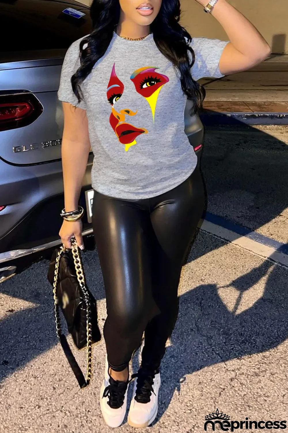 Black Street Print Patchwork O Neck T-Shirts