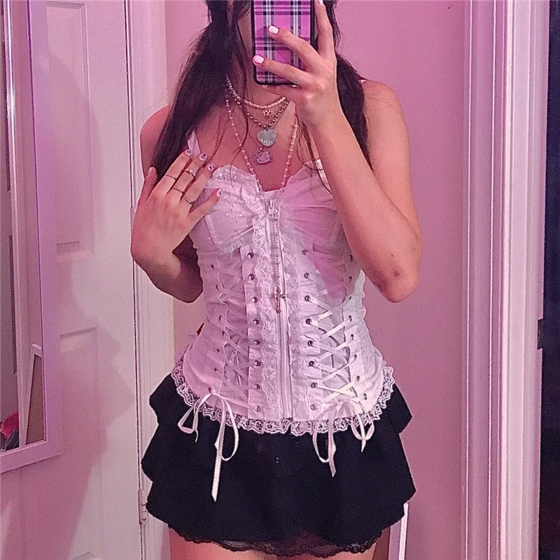 Xingqing Sweet Lace Corset Top Fairy Core Zipper Backless Crop Tops Women Summer Camis Shirt Cute 2000s Aesthetic Grunge Clothes