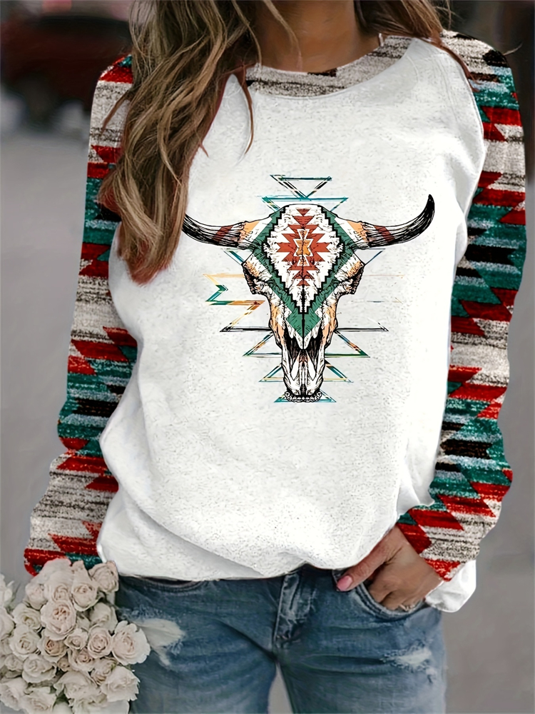  Aztec & Cow Skull Print Pullover Sweatshirt Westsshops