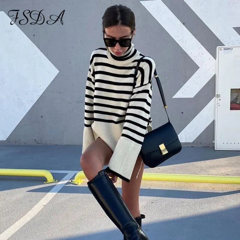 FSDA 2021 Autumn Winter Oversized Pullover Women Knitted Turtleneck Long Sleeve Striped Loose Sweater Casual Fashion Khaki