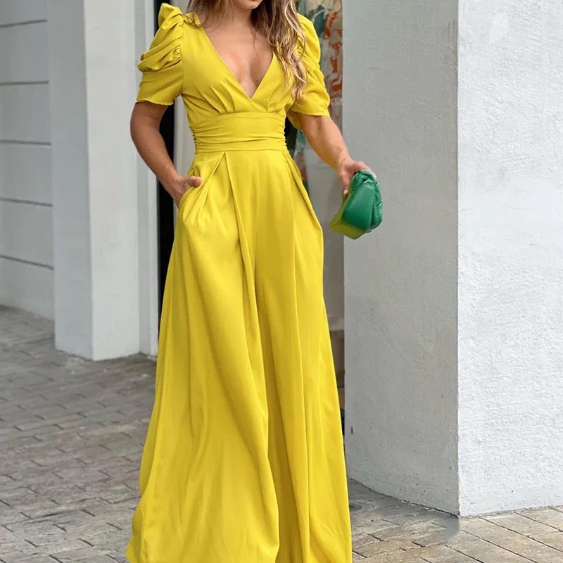 2025 Summer Elegant Wide-Leg Jumpsuit – Short Sleeve Plus Size One-Piece for Women