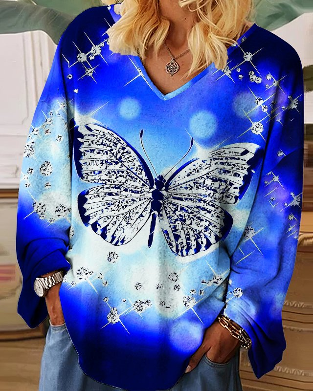 Women's V-neck Long Sleeve Printed Plus Size Top