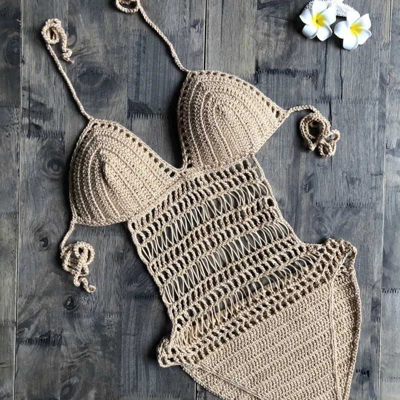 Fitshinling Bohemian Crochet Monokini Handmade One Piece Bodysuit Sexy Hot Backless Strappy Swimsuits Hollow Out Swimwear Women