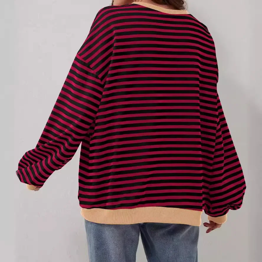 Women's Casual Stripe Colorblock Pattern Round Neck Long Sleeve Pullover T-Shirt 