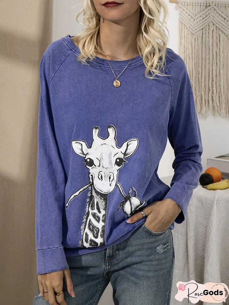 Crew Neck Casual Giraffe Long Sleeve Top