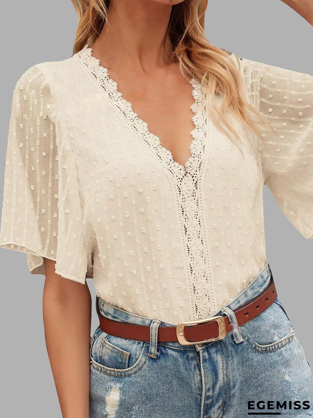 Casual Solid Color Lace V-Neck Short Sleeve Blouse | EGEMISS