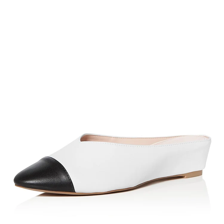 White and Black Mule Pointed Toe Wedge Heels for Women |FSJ Shoes