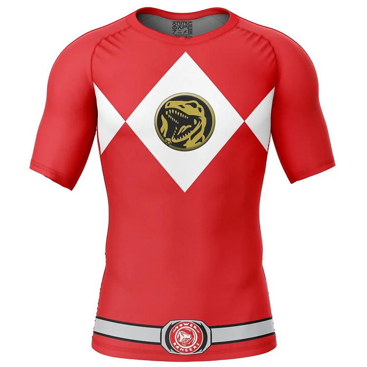 Red Ranger Mighty Morphin Power Rangers Short Sleeve Rash Guard Compression Shirt