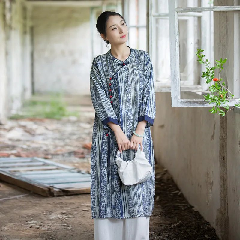 Retro Ramie Printed Cheongsam Dress