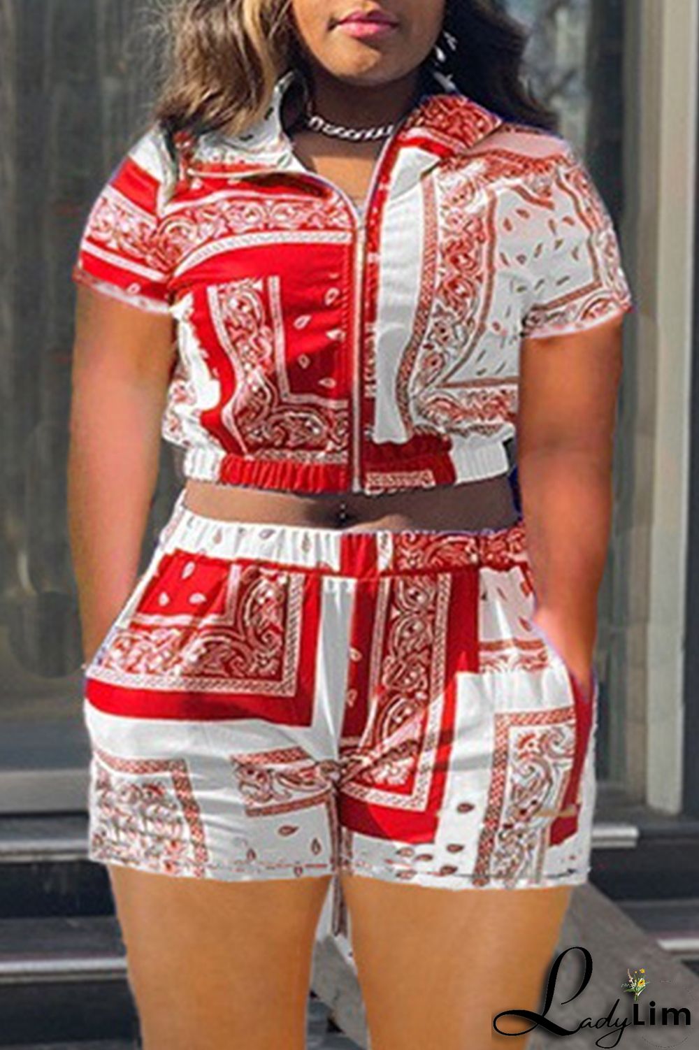 Red Fashion Casual Print Basic Turndown Collar Short Sleeve Two Pieces