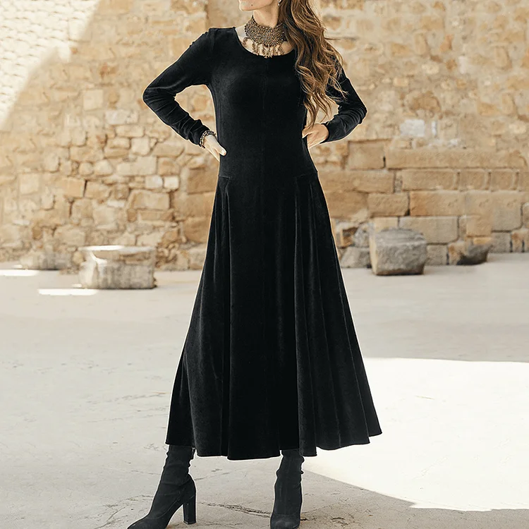 Utbros Vintage Velvet Simple Comfortable Warm Dress