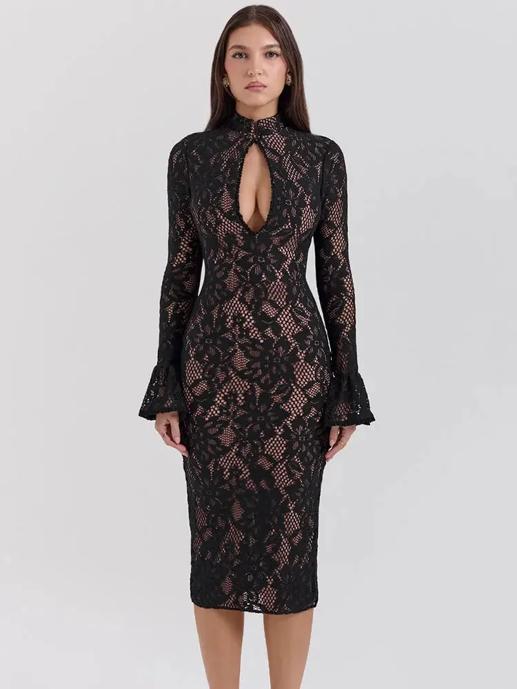 Toloer Black Lace Front Slit Long Sleeve Midi Dress-Outfit Ideas