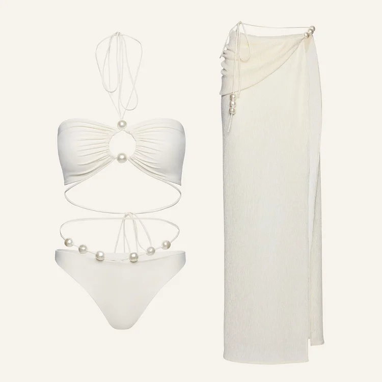 Halterneck Pearl Bandeau High Waist Bikini Swimsuit and Sarong (Shipped on Jan 13th)
