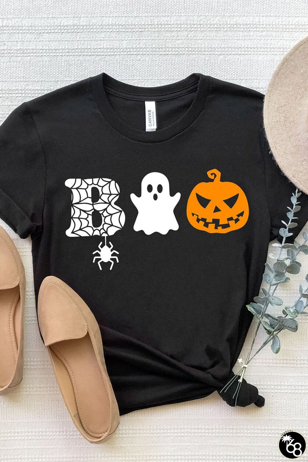 Black Boo Halloween Graphic Print Short Sleeve T Shirt | 168DEAL