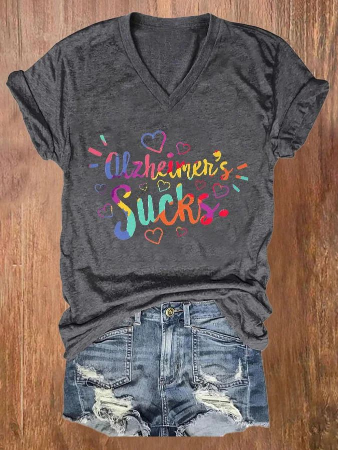V-neck Alzheimer's Awareness Alzheimer's Sucks Print T-Shirt socialshop