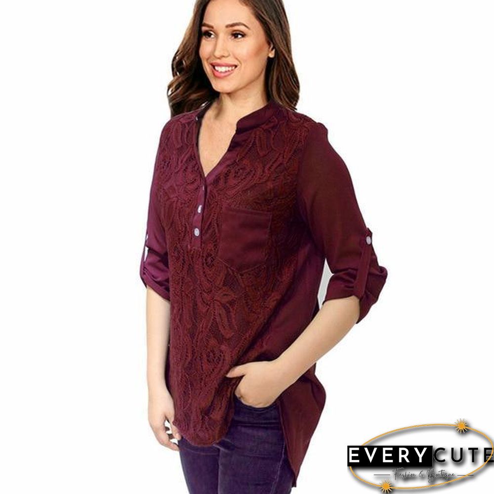 Lace Chiffon Blouses Shirts Women Casual Long Sleeve Tops Plus Size Blouses
