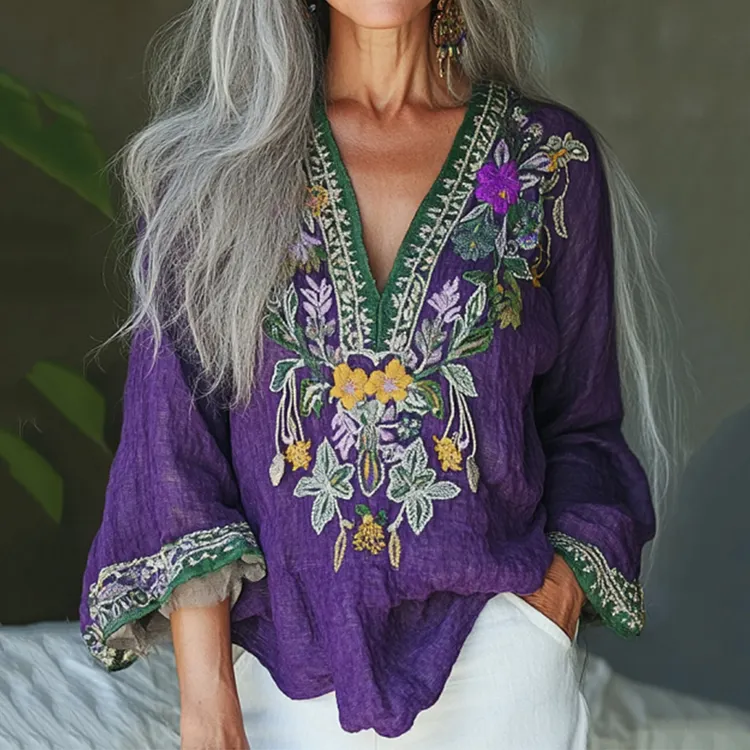Vintage Floral Embroidery Linen Art V-neck Shirt