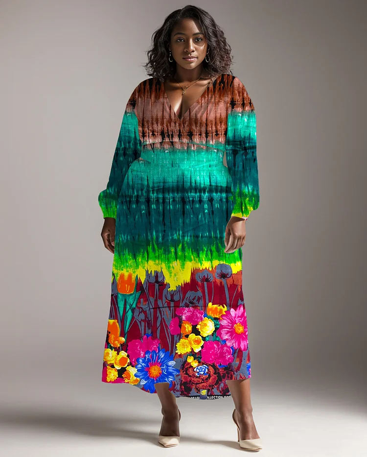 Plus Size Women's Tie-Dye Print Print Long Sleeve V Neck Dress