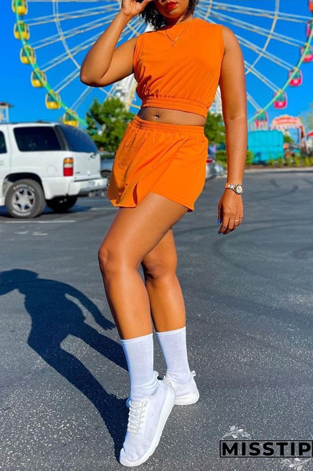 Orange Fashion Casual Solid Basic O Neck Sleeveless Two Pieces