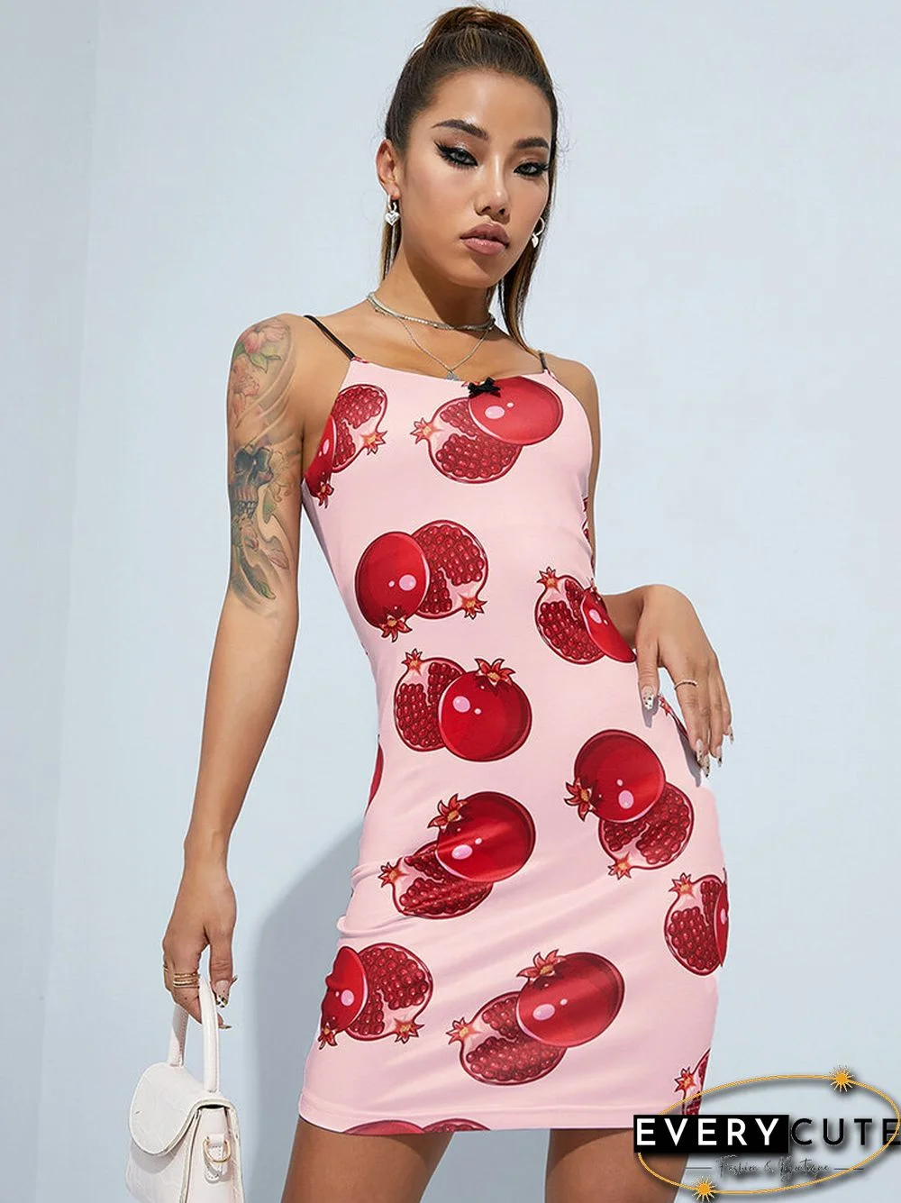 Fruit Print Backless Mini Strap Bodycon Bow Sexy Dress