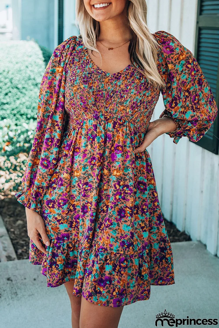 Smocked V Neck Puffy Sleeve Floral Dress