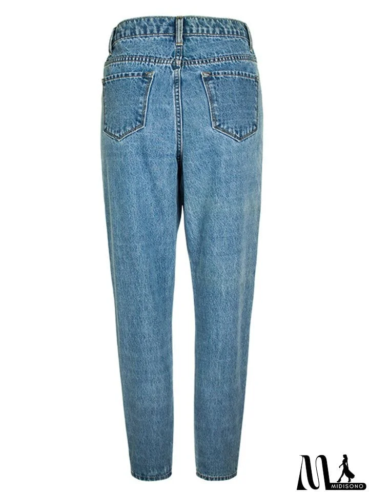 MidiSono - Daily Casual Style Washed Effect Slim Fit Harem Pants Denim Jeans for Women