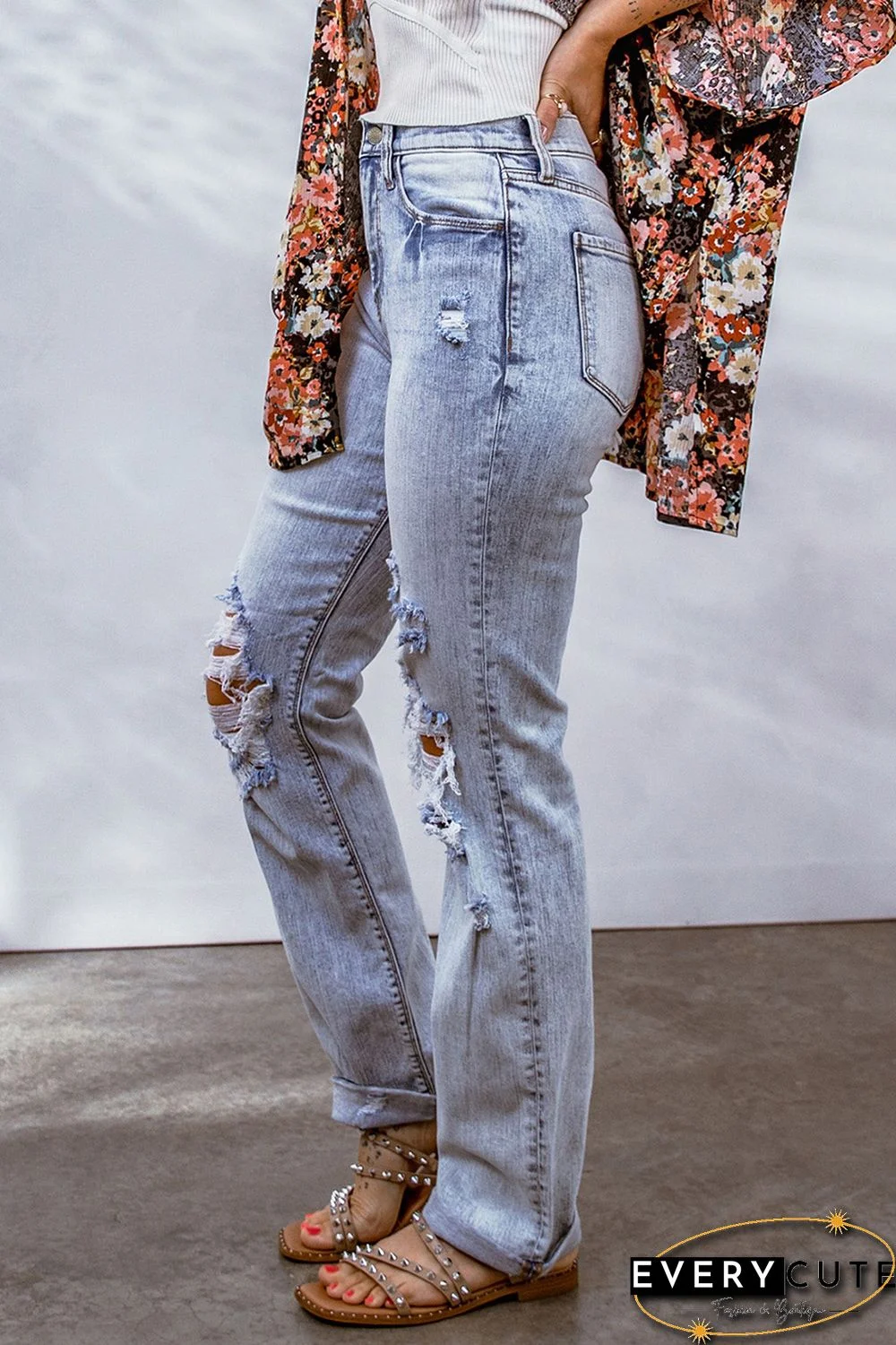 Sky Blue Acid Wash Sheath Straight Leg Distressed Jeans