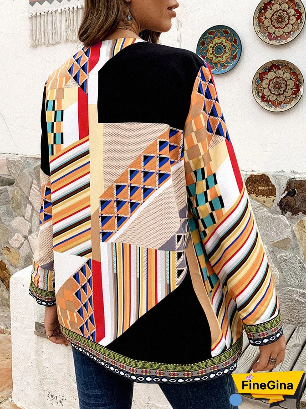 Geometric Ethnic Print Patchwork Long Sleeve Vintage Jacket For Women