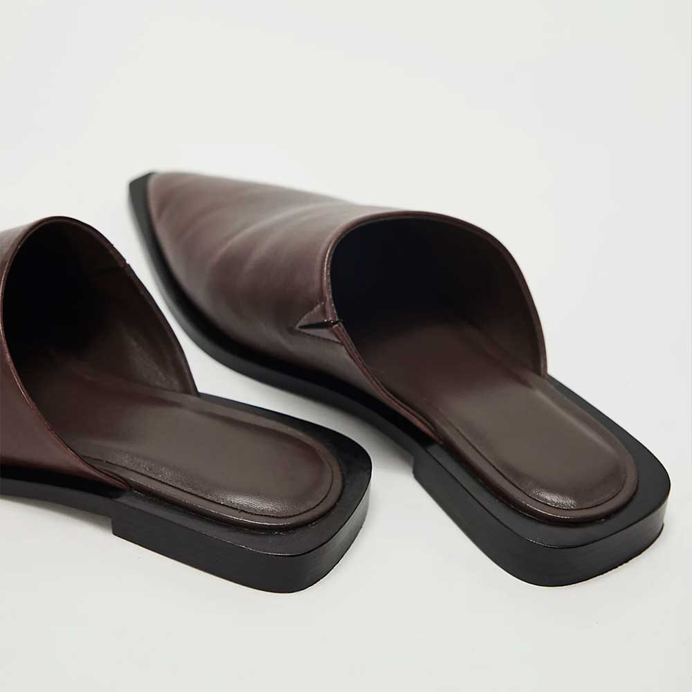Classic Chocolate Brown Slip On Flat Pointy Toe Mules for Women Nicepairs