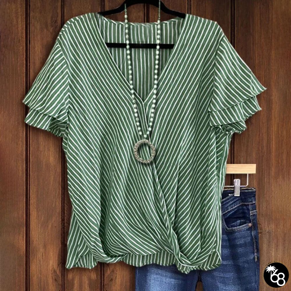 Green Striped Short Sleeve V-Neck Top | 168DEAL