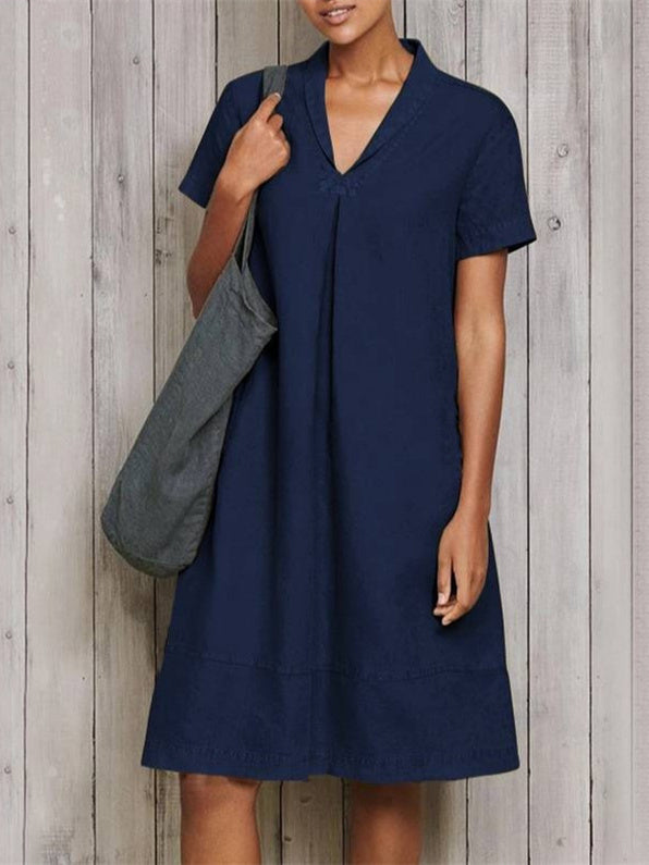 Women Short Sleeve V-neck Soild Midi Dress