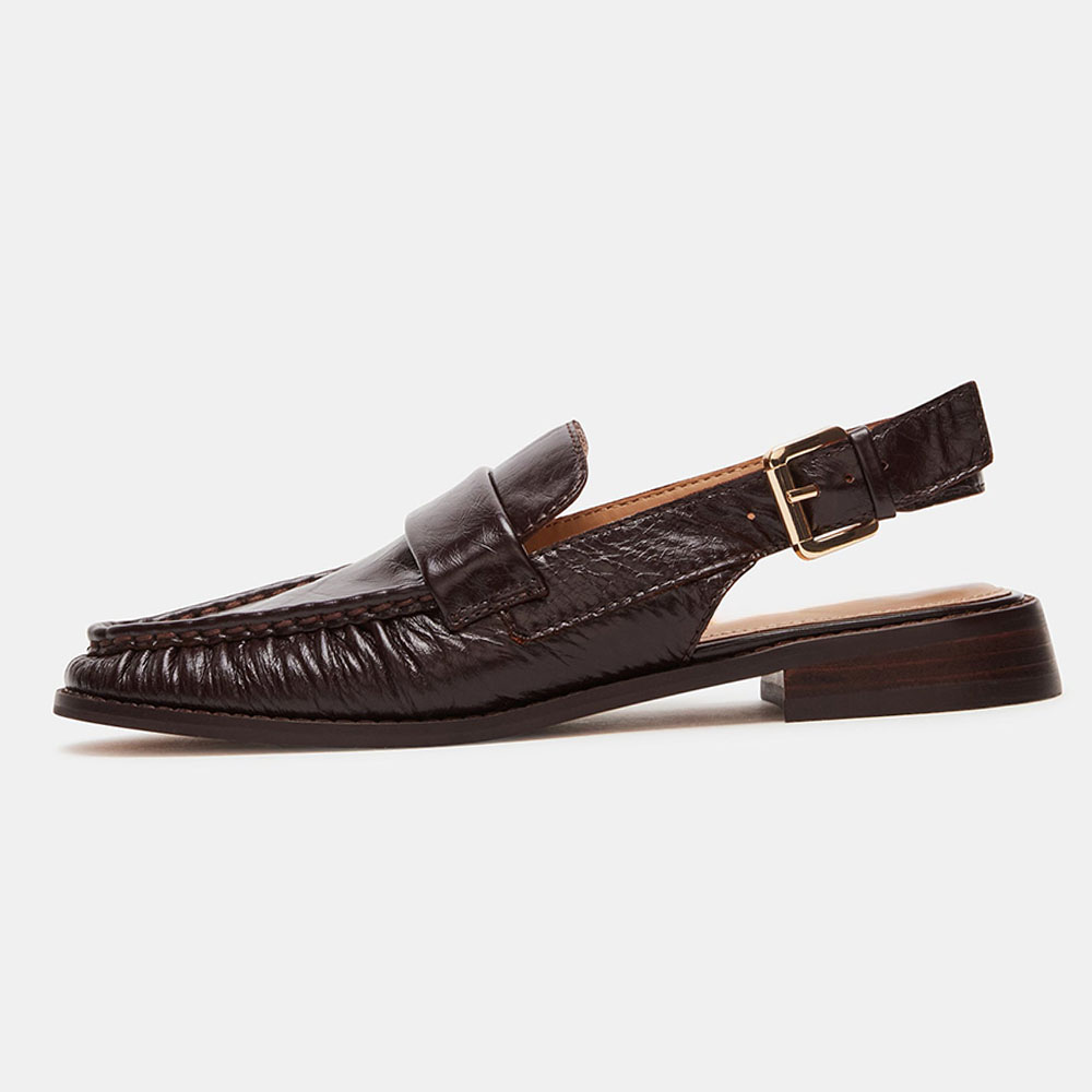Dark Brown Vegan Leather Round Toe Flat Buckled Loafer Slingbacks Nicepairs