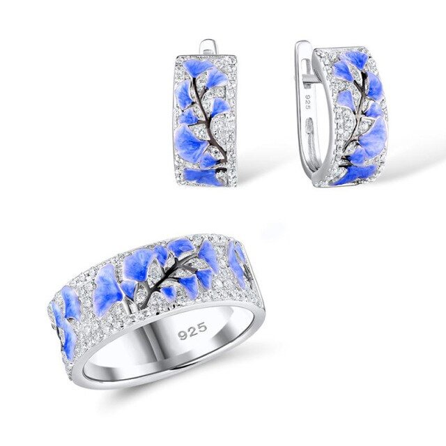 YOY-Elegant  Blue Ginkgo Leaf Flower Silver Hoop Earrings Ring Set