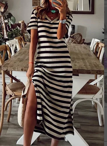 Loose Fitting Short Sleeved Striped Straight Tube Dress
