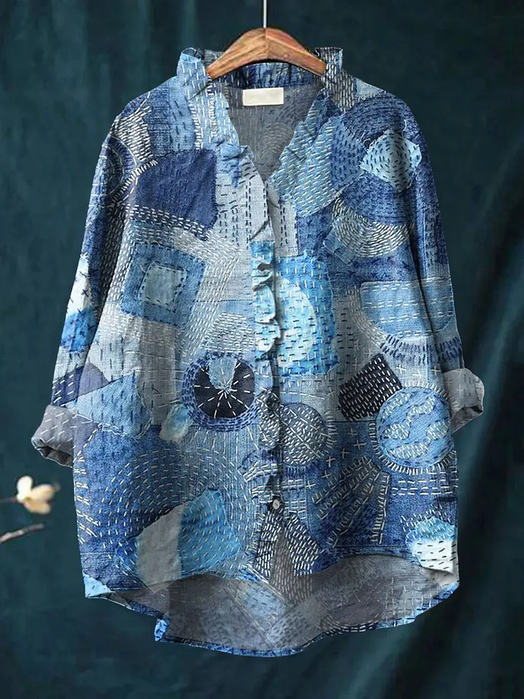 Women's Vintage Geometric Patchwork Pattern Art Print Casual Cotton And Linen Ruffle Shirt