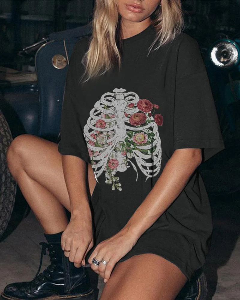 Women's Minnieskull Skull Floral Print T-shirt