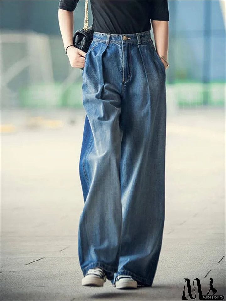 MidiSono - Women's Stitching Stonewashed Effect Wide-Leg Pocket Jeans