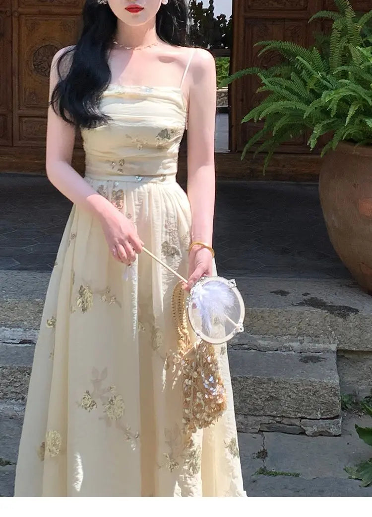 Aiertu Elegant Vintage Floral Slip Dress Women Sequin Embroidery Casual Long Fairy Dress Female 2024 Autumn Fashion Korean Style Dress Aiertu