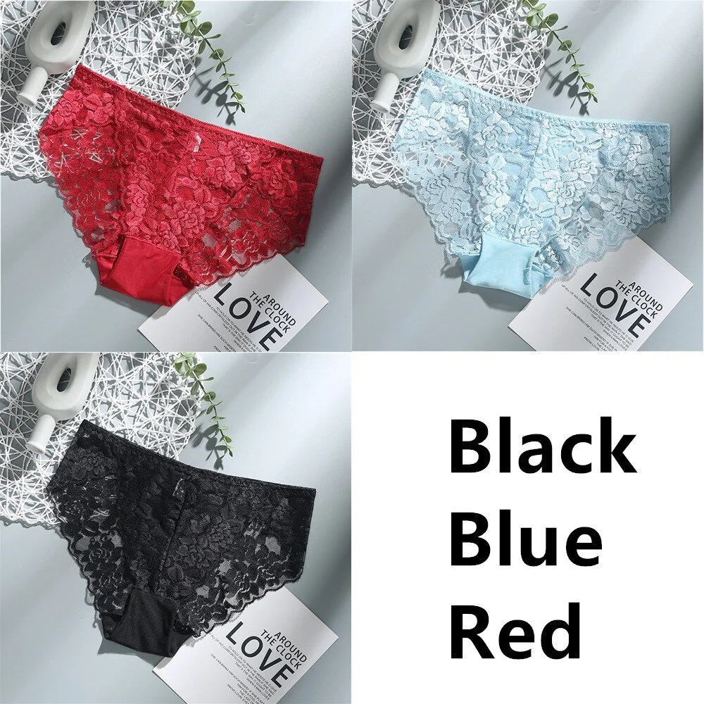 3Pcs Sexy Low Waist Women's Underwear Lace Plus Size Seamless Panties Breathable Lingerie Female Briefs Solid Hollow Underpants