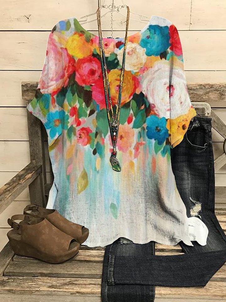 Floral Print Casual Style Round Neck Top