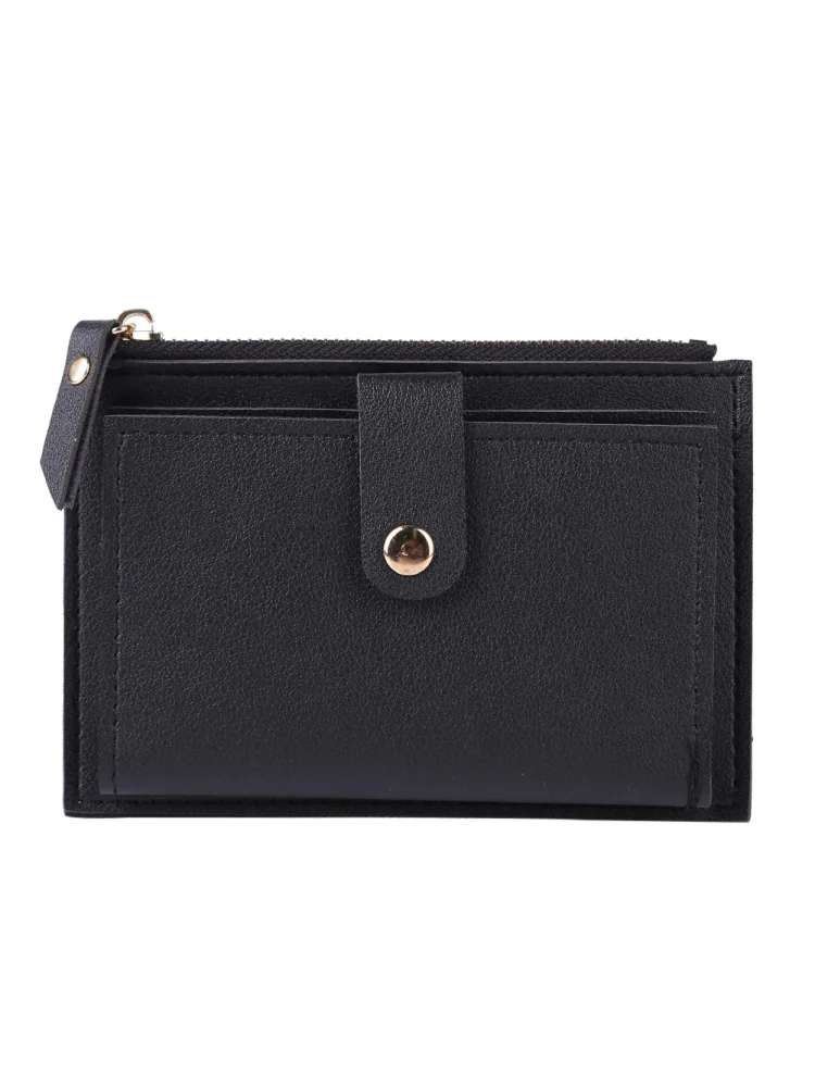 Women Fashion Solid Color Multi-slot Card Holder PU Leather Wallet (Black)