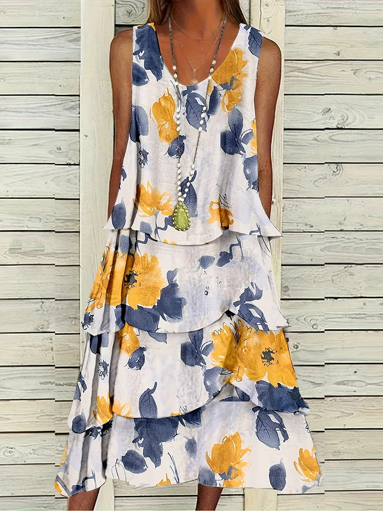 Plus Size Women's Bohemian V-Neck Floral Print Sleeveless Dress - 4-Tier Layered Skirt, Machine Washable Mid-Length H-Line Silhouette For Spring/Summer Casual Outings, Spring Fashion | Vneck Dress | Stylish Print