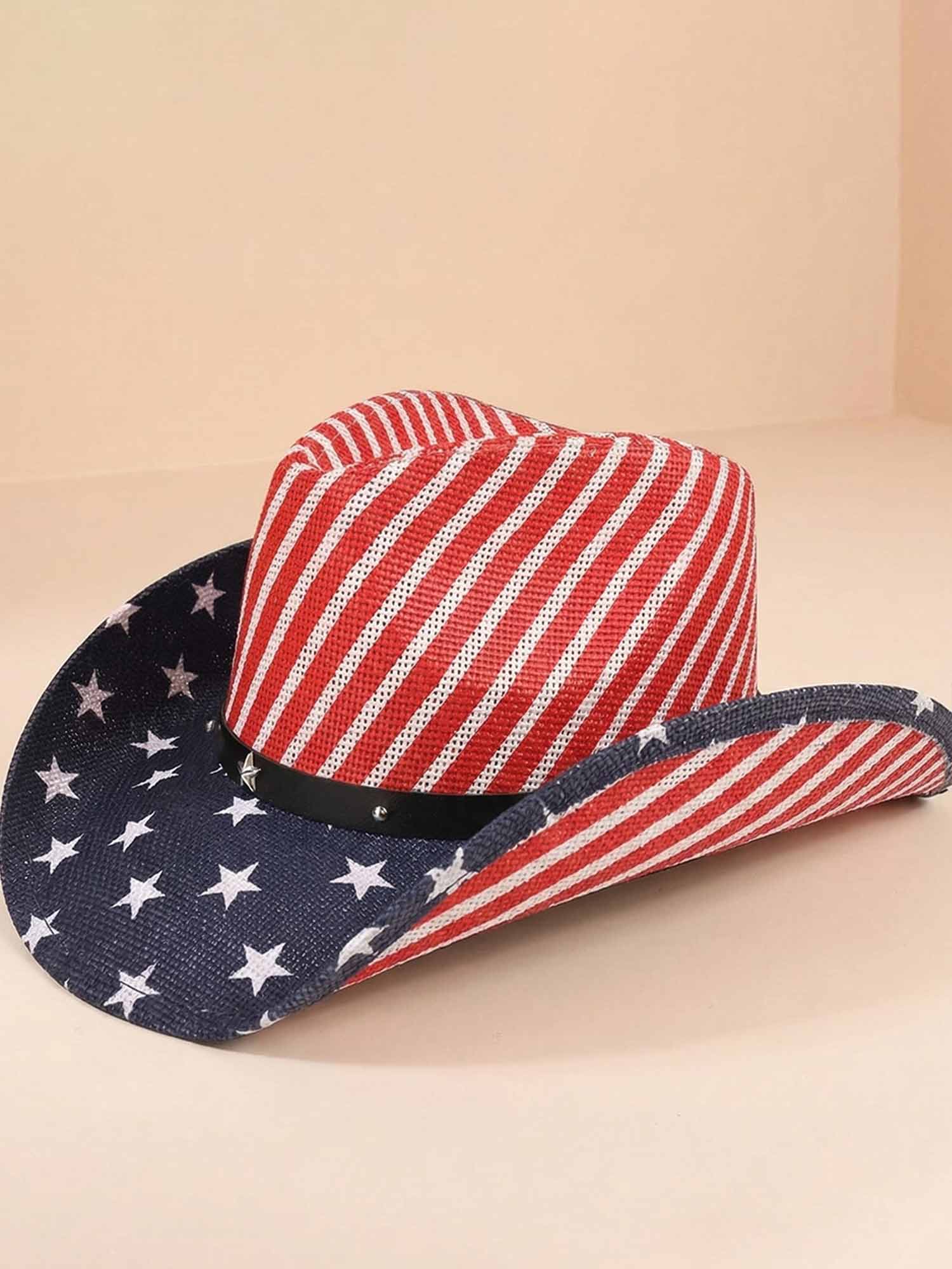 Classic Western Straw Cowboy Hat With American Flag Print For Summer 4th Of July Celebrations