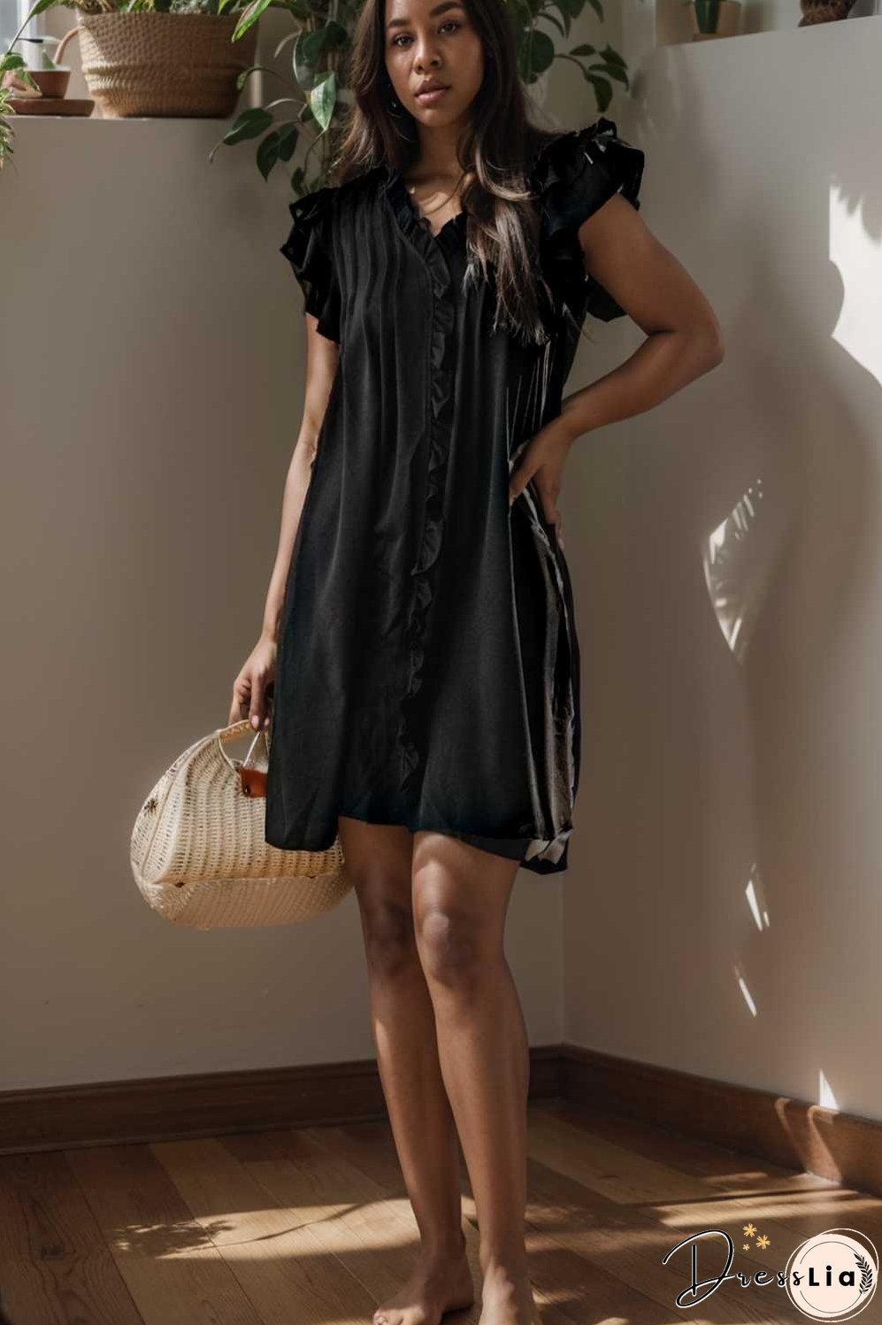 sweet black ruffle sleeve v neck mini shift dress