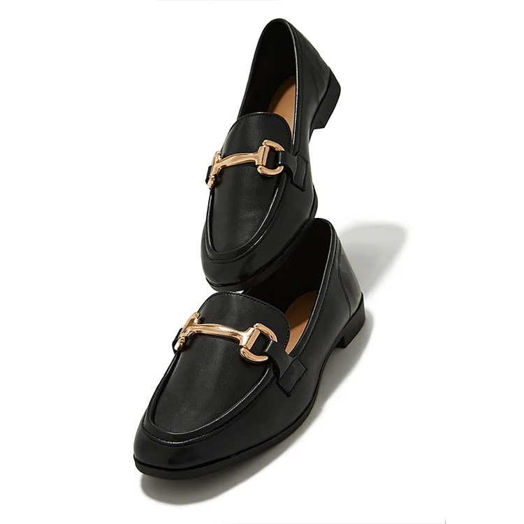 Black Round Toe Flats Classic Metal Buckle Loafer Pumps Summer Casual Flat Shoes |FSJ Shoes