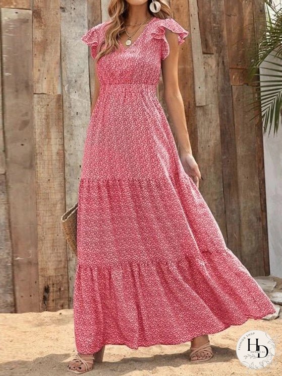 Dresses Floral V-Neck High Waist Ruffle Dress for Women