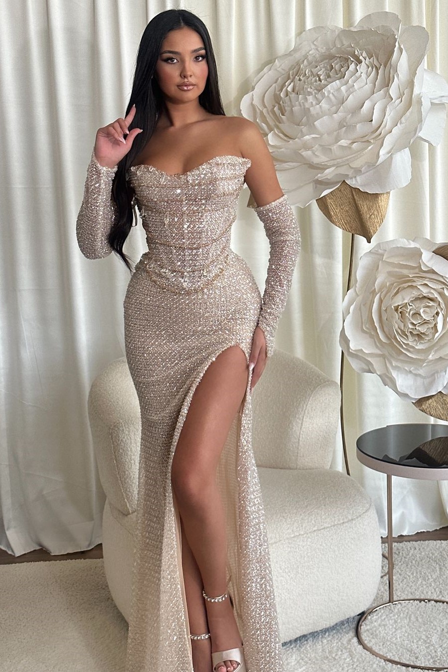 Lvs&Broner Chic Sequins Strapless Sleeveless Long Split Prom Dress With Outer Sleeves